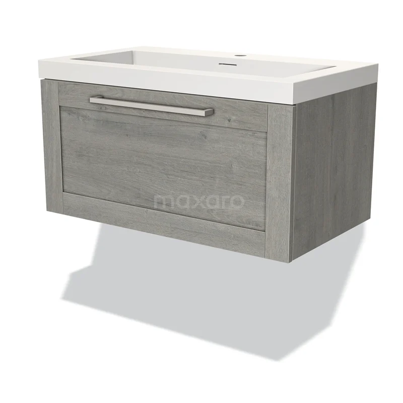 Badmöbel 80cm Modulo Graue Eiche 1 Schublade Rahmen Waschbecken Solid Surface BMW11-03070 Grau Holz Badmöbel mit weißem Waschbecken, modernes Design und integrierter Schublade. Perfekt für stilvolle Bäder.