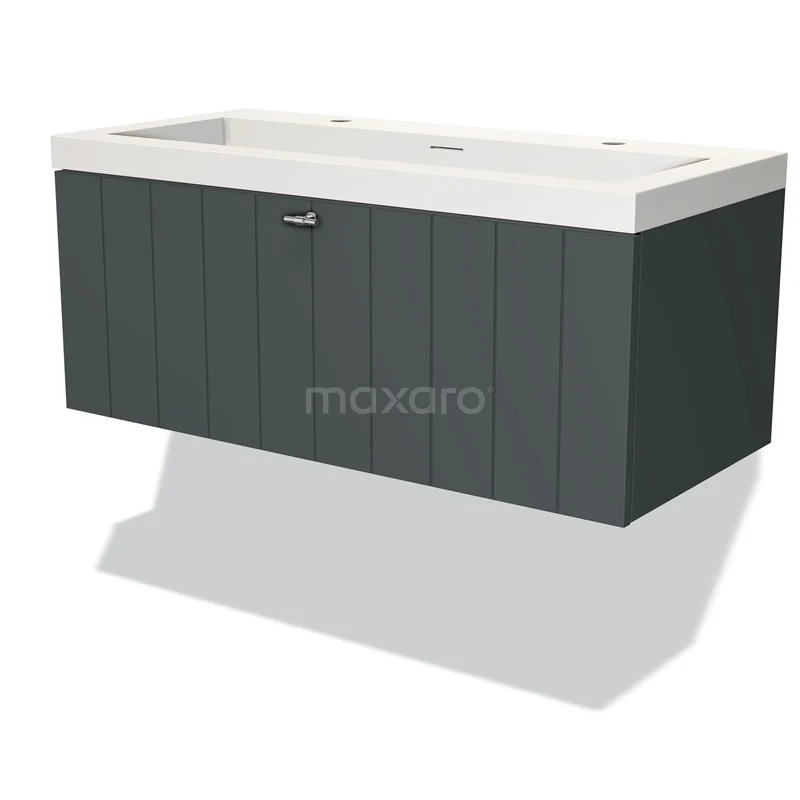 Modulo Waschtische | 100 cm Dunkelgrau Lamelle front Solid Surface 1 Schublade BMW11-03086 Graue Wandmöbelset mit vertikalen Paneelen und weißem Waschbecken, ideal für moderne Bäder.
