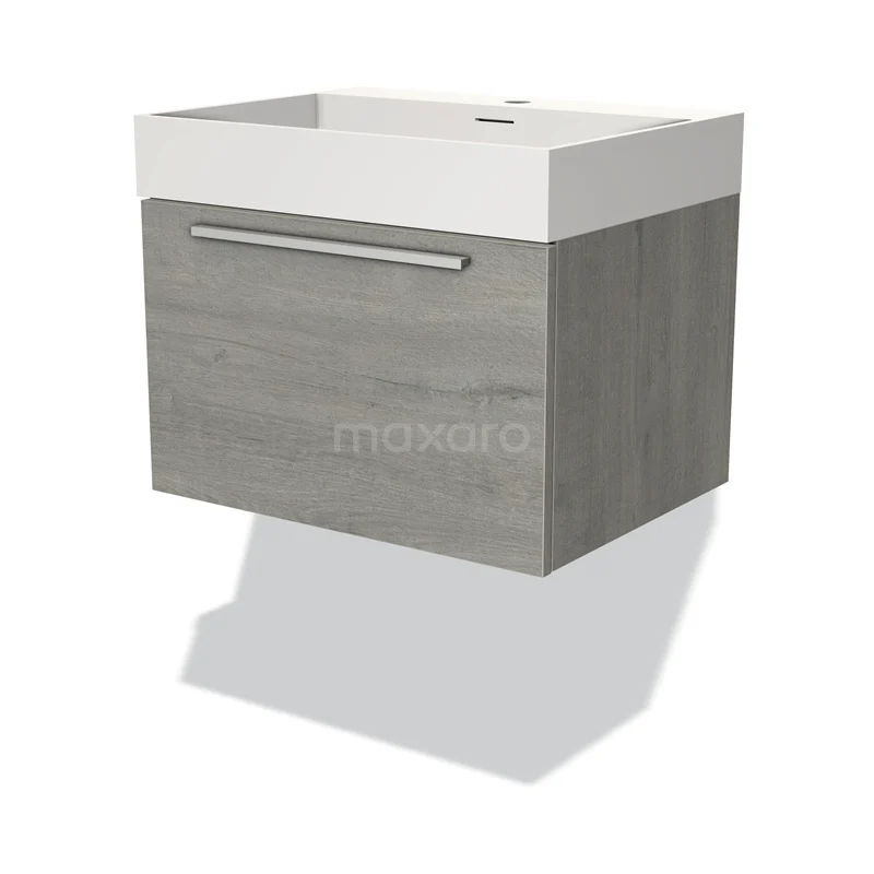 Badmöbel 60cm Modulo Graue Eiche 1 Schublade Flaches Waschbecken Solid Surface BMW11-03197 Graues schwebendes Badezimmermöbel mit Schublade und weißem keramischen Waschbecken, modernes Design für stilvollen Badezimmerraum.