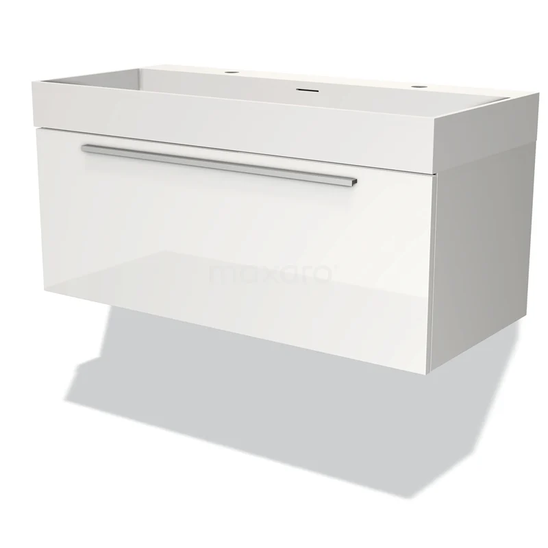 Badmöbel 100cm Modulo Hochglanz Weiß 1 Schublade Flaches Waschbecken Solid Surface BMW11-03239 Weiße schwebende Badschrank mit glänzender Oberfläche, einer Schublade und modernem Metallhaltegriff.