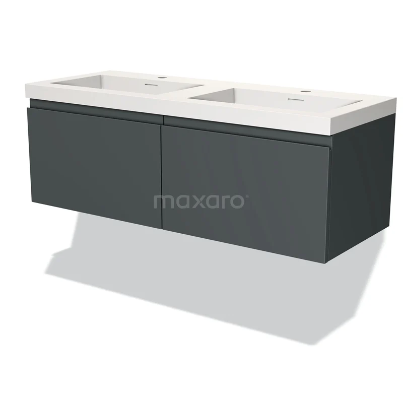 Dubbele badkamermeubelset in antraciet met rechthoekige wastafels, strak design en soft-close lades.