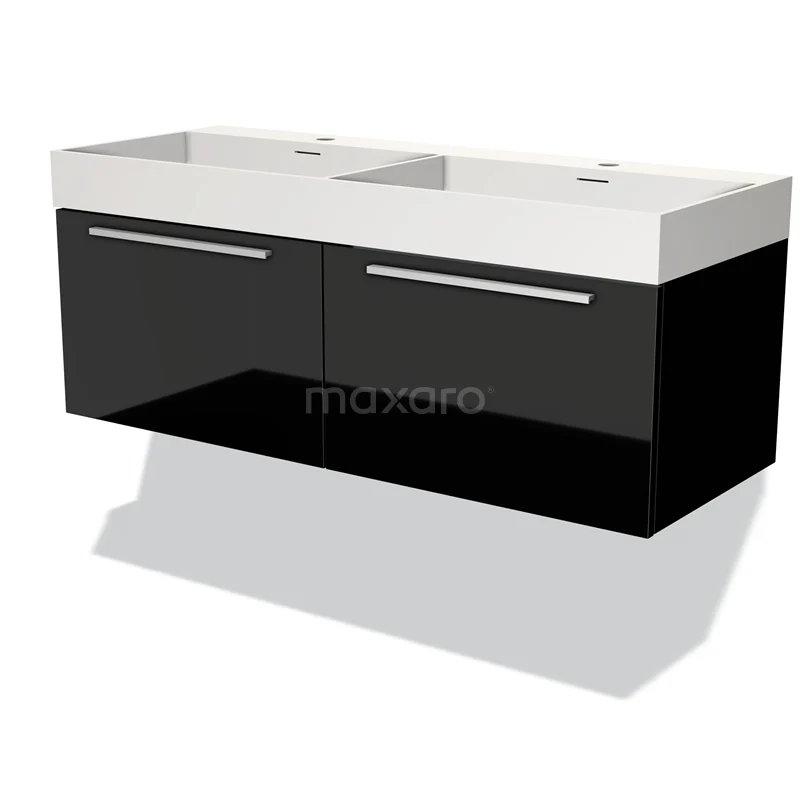 Zwart glanzend badkamermeubel met dubbele witte wastafel en chromen handgrepen, perfect voor een moderne badkamerstijl.