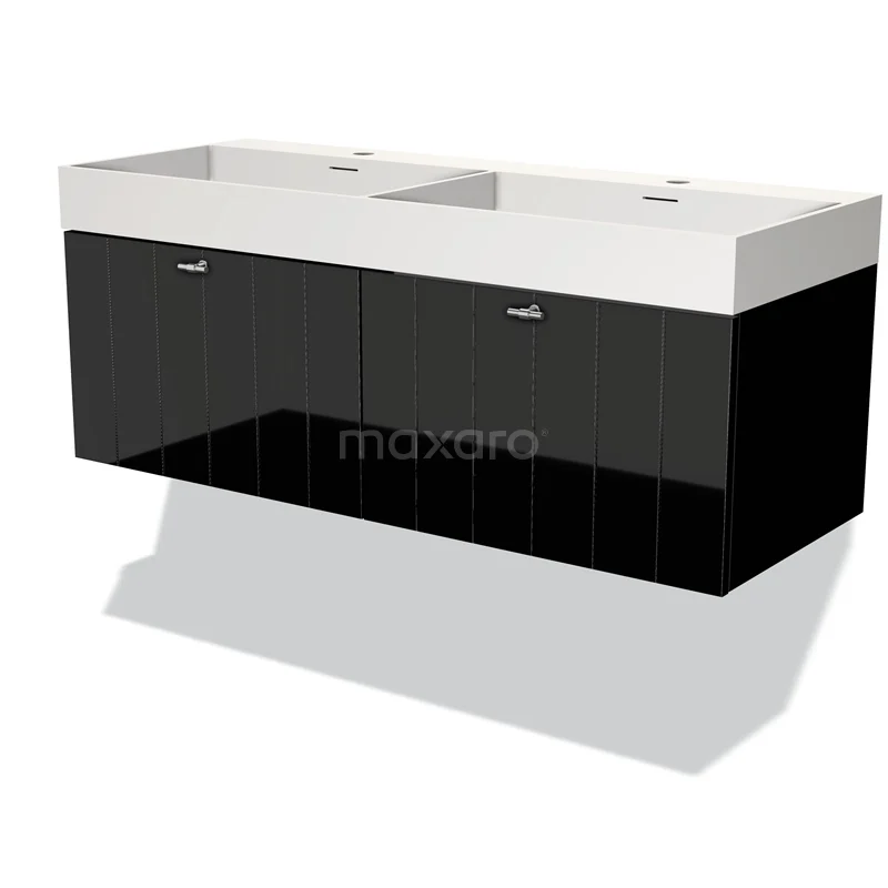 Zwart-wit zwevend badkamermeubel met dubbele wastafel, hoogglans afwerking en moderne uitstraling.