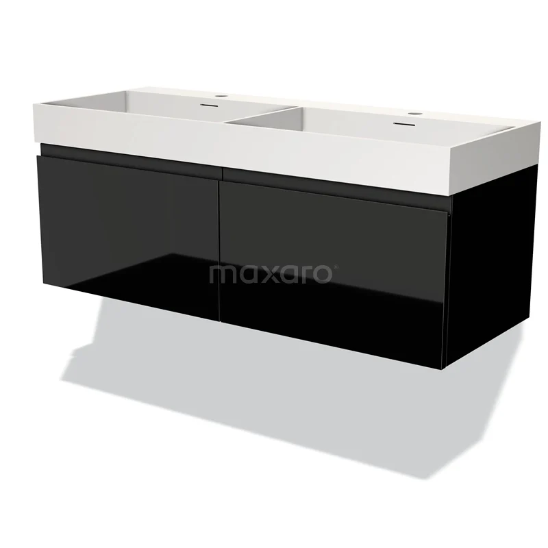 Badmöbel 120cm Modulo Hochglanz Schwarz 2 Schubladen Griffloses Waschbecken Solid Surface BMW12-00754 Schwarzer Waschbeckenunterschrank mit doppeltem weißen Waschbecken, modernes Design, ideal für eine stilvolle Badezimmergestaltung.