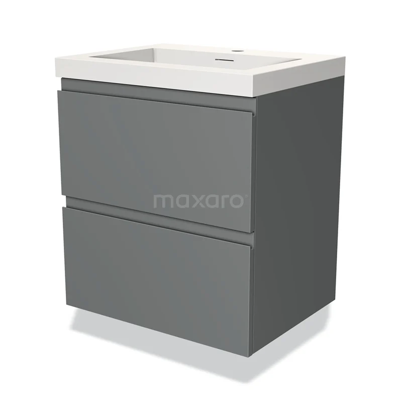 Grijze badkamerkast met twee lades, strakke vormgeving en geïntegreerde witte wastafel, ideaal voor moderne badkamers.