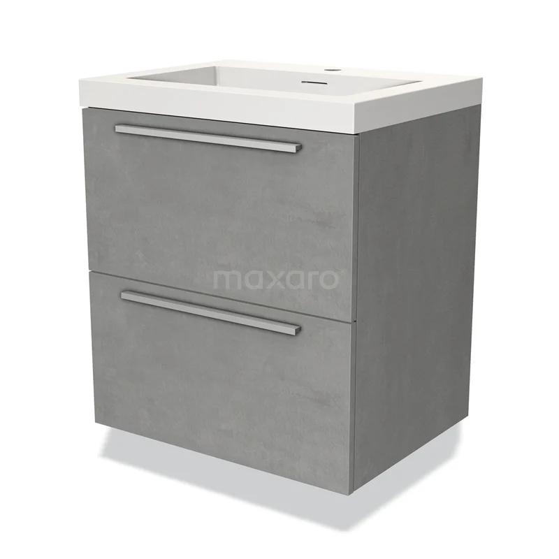 Grijze badkamerkast met twee lades, strakke metalen grepen en een witte wastafel; modern ontwerp en ruimtebesparend.