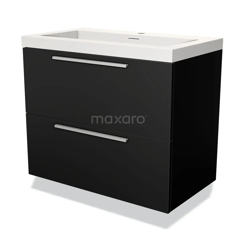 Zwarte badkamermeubel met twee laden, wit keramische wastafel en slanke handgrepen, moderne look voor stijlvolle badkamers.