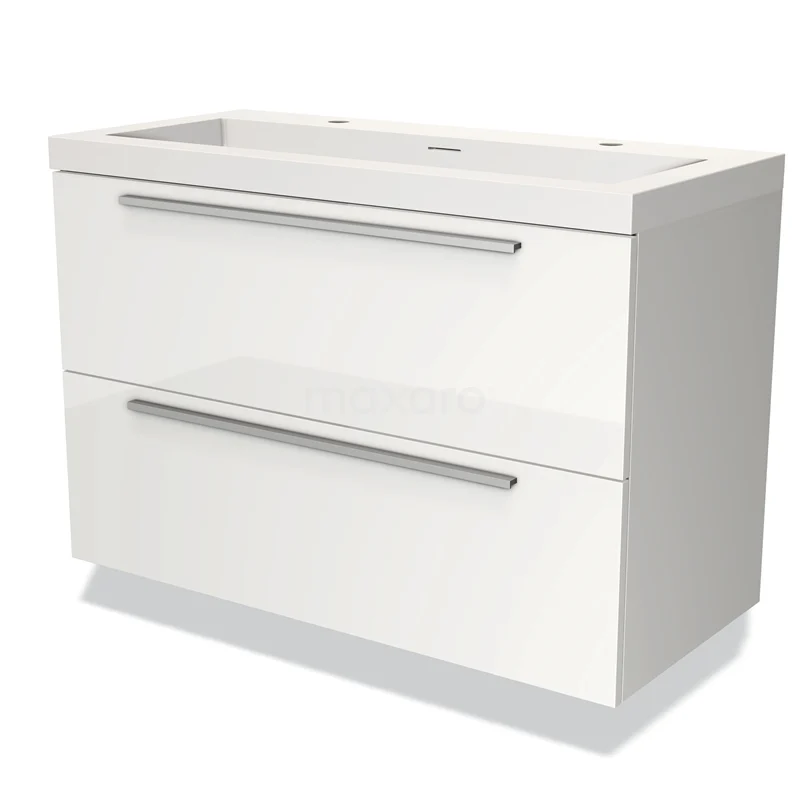 Witte badkamerkast met hoogglans afwerking, twee lades en chromen handgrepen, ideaal voor moderne badkamerinrichting.