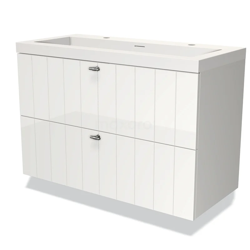 Wit hangend badkamermeubel met twee lades, verticale panelen en een modern wastafelblad, ideaal voor stijlvolle badkamers.