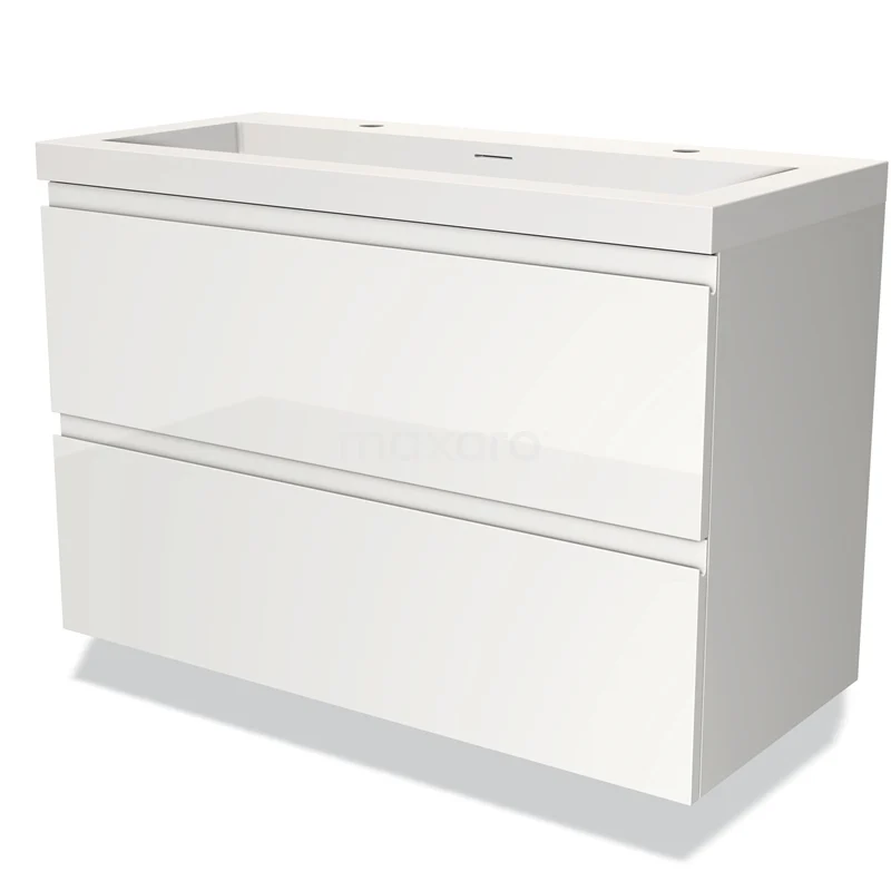Witte badkamermeubelset met twee lades, strak design in hoogglans afwerking, ideaal voor moderne badkamerinterieurs.