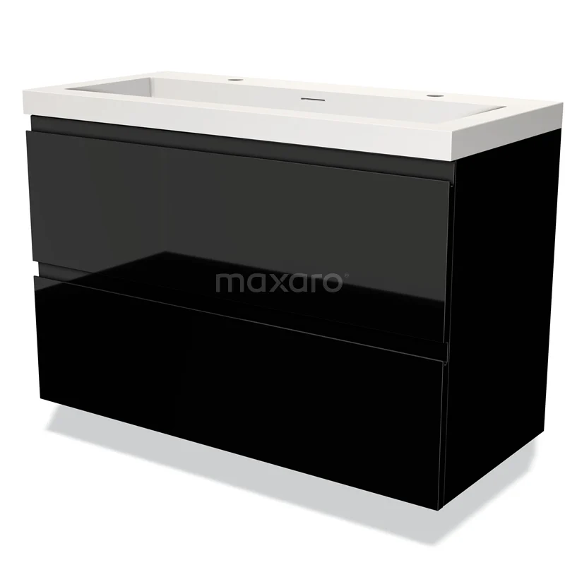 Badmöbel 100cm Modulo Hochglanz Schwarz 2 Schubladen Griffloses Waschbecken Solid Surface BMW17-03261 Schwarzes Badmöbel mit glänzender Oberfläche, zwei Schubladen und weißem Waschbecken; modernes Design und hochwertige Materialien.