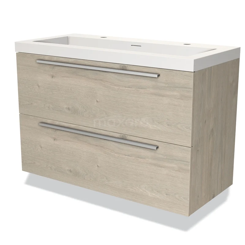 Badmöbel 100cm Modulo hellgraue Eiche 2 Schubladen Flaches Waschbecken Solid Surface BMW17-03264 Holz Badezimmermöbel mit zwei breiten Schubladen, heller Eiche Farbe und weißem keramischen Waschbecken, modernes Design.