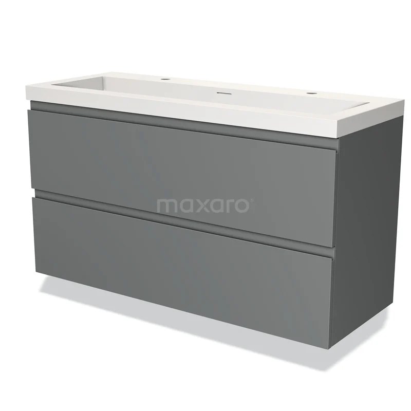 Badmöbel 120cm Modulo Mittelgrau 2 Schubladen Griffloses Waschbecken Solid Surface BMW17-03281 Graue Badmöbelset mit doppeltem Waschbecken, schlankem modernen Erscheinungsbild und zwei Schubladen für praktischen Stauraum.