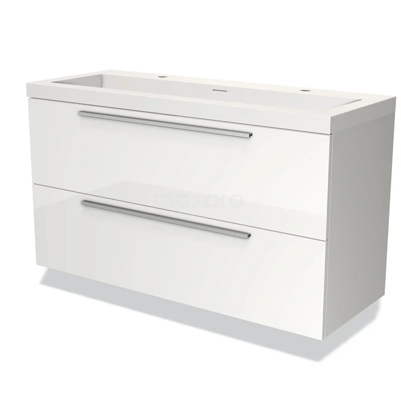 White bathroom vanity unit with two wide drawers and chrome handles, modern design made of high-gloss white materials.