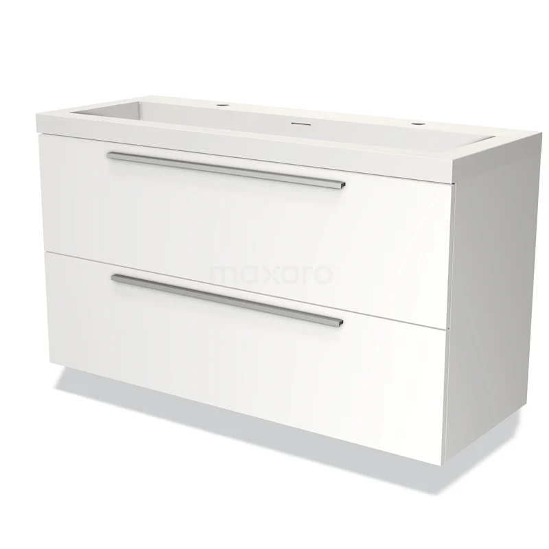 Witte badkamermeubelset met twee lades, slank metalen handgrepen, en een modern ontwerp, perfect voor elke badkamerstijl.