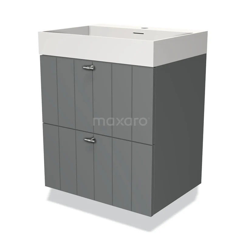 Grijze badmeubelset met 2 lades, verticale lijnen, en witte wastafel, ideaal voor een moderne badkamer.