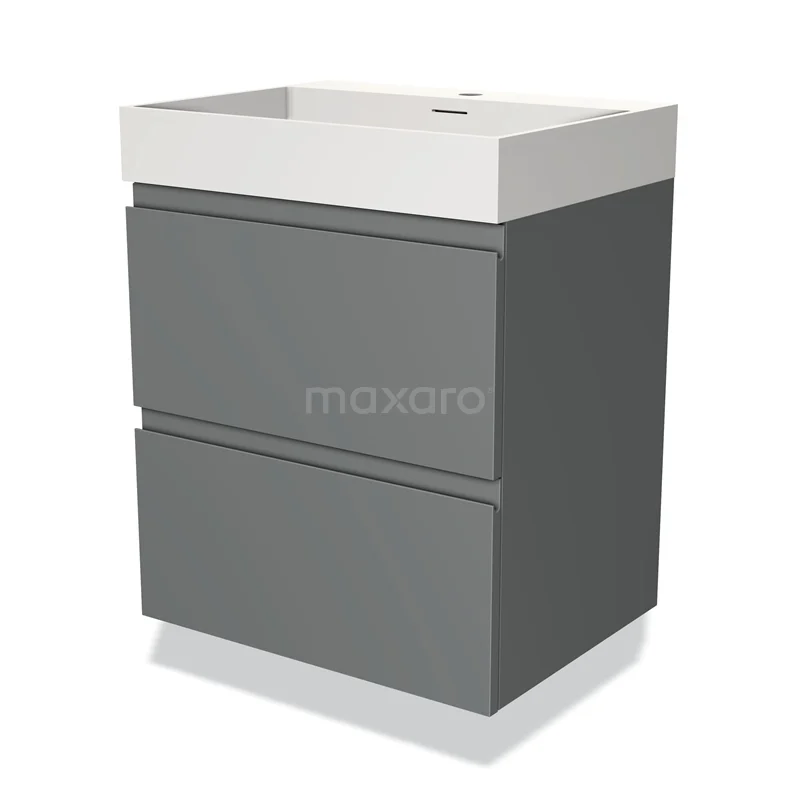 Grijze badkamermeubelset met twee lades en een witte wastafel, modern design van hoogwaardig materiaal.