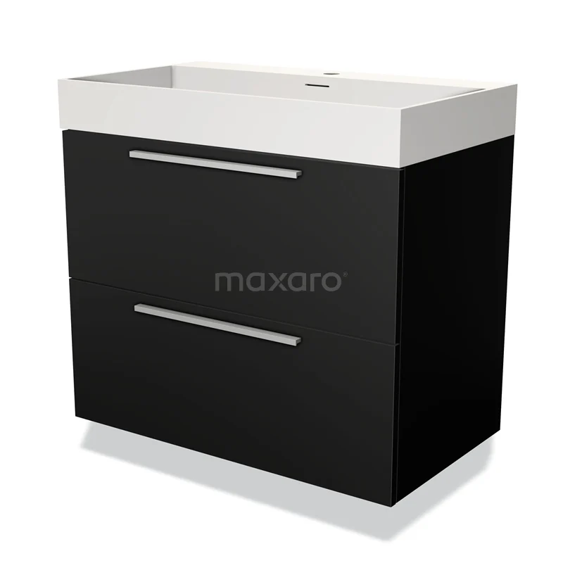 Zwarte badkamerkast met witte wastafel, twee metalen handgrepen, modern design en waterbestendig materiaal.
