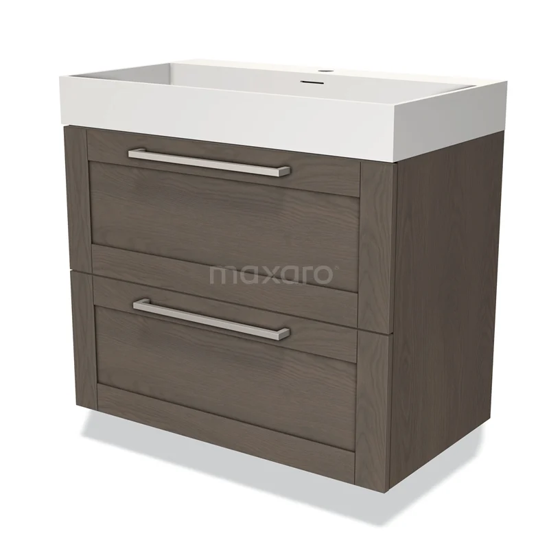 Bruine houten badkamermeubel met witte wasbak, twee laden en metalen handgrepen. Elegante en moderne stijl.