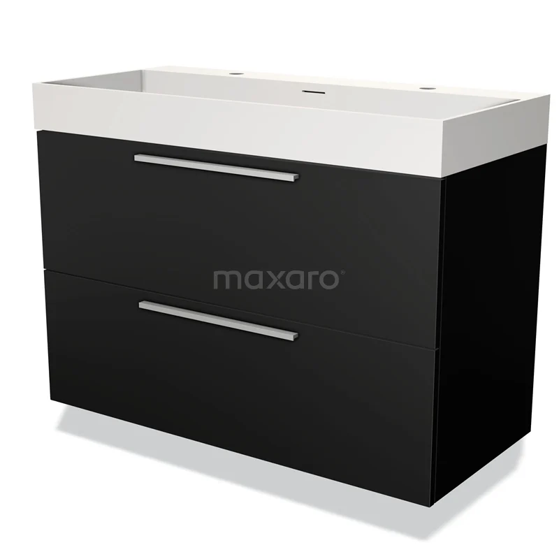 Modulo Bathroom furniture with sink | 100 cm Matte black Flat front Solid surface 2 Stacked drawers BMW17-03404 Black bathroom unit with white ceramic vanity units with basin, two drawers with tight handles, modern design for optimal storage space.