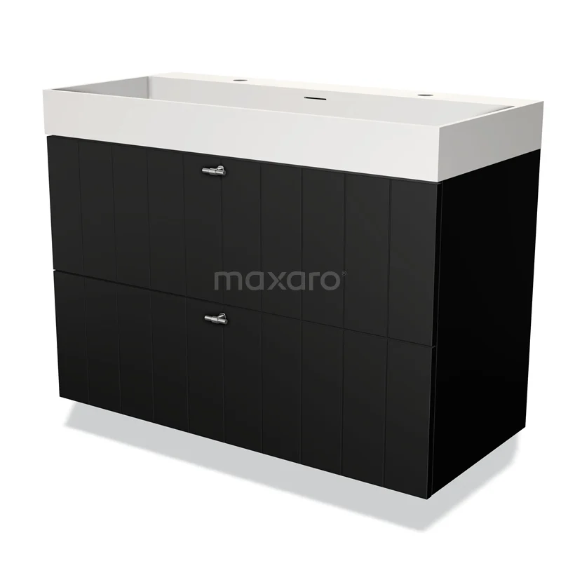 Modulo Bathroom furniture with sink | 100 cm Matte black Slat front Solid surface 2 Stacked drawers BMW17-03405 Black bathroom unit with high-gloss finish, two drawers and white ceramic basin; elegant and modern design.