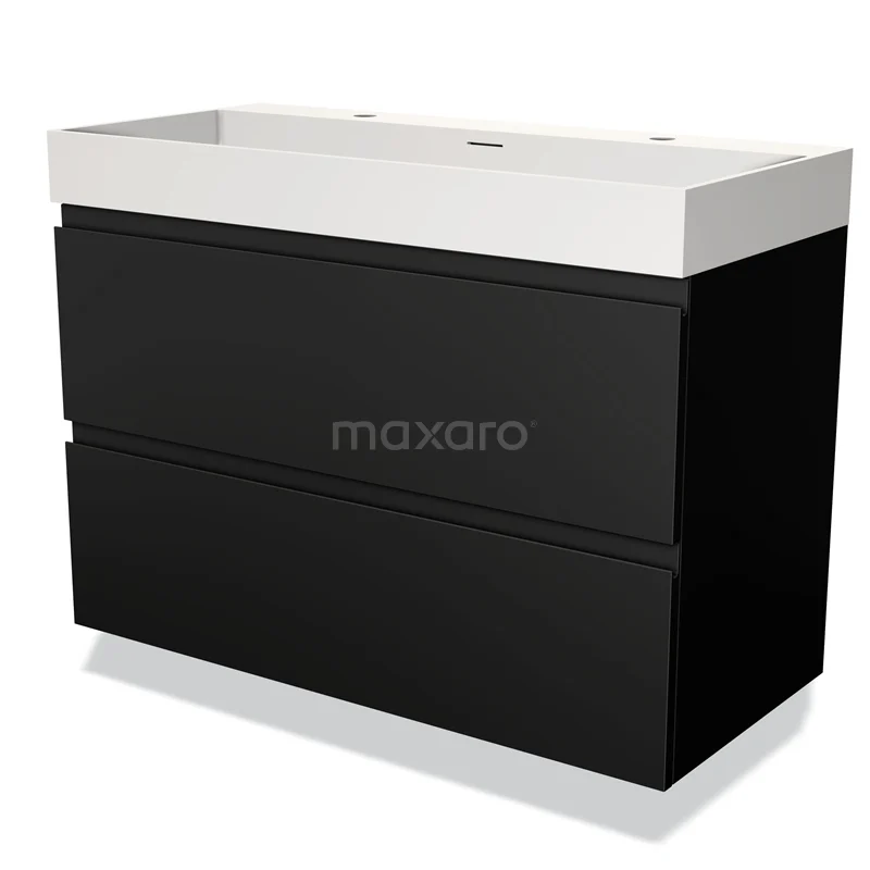 Modulo Bathroom furniture with sink | 100 cm Matte black Handle-less front Solid surface 2 Stacked drawers BMW17-03406 Black and white vanity unit with glossy drawers and a sleek design, ideal as a modern storage unit in the bathroom.