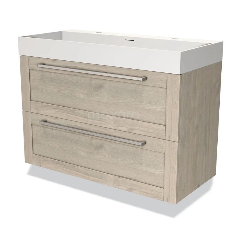 Houten badkamermeubel met twee lades, lichte eiken afwerking en geïntegreerde wastafel, geschikt voor moderne badkamers.