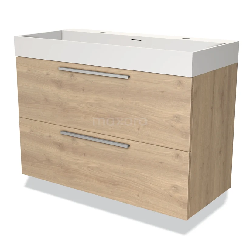 Houten badkamermeubel met twee lades en witte wastafel, moderne uitstraling, ideaal voor praktische badkameropslag.