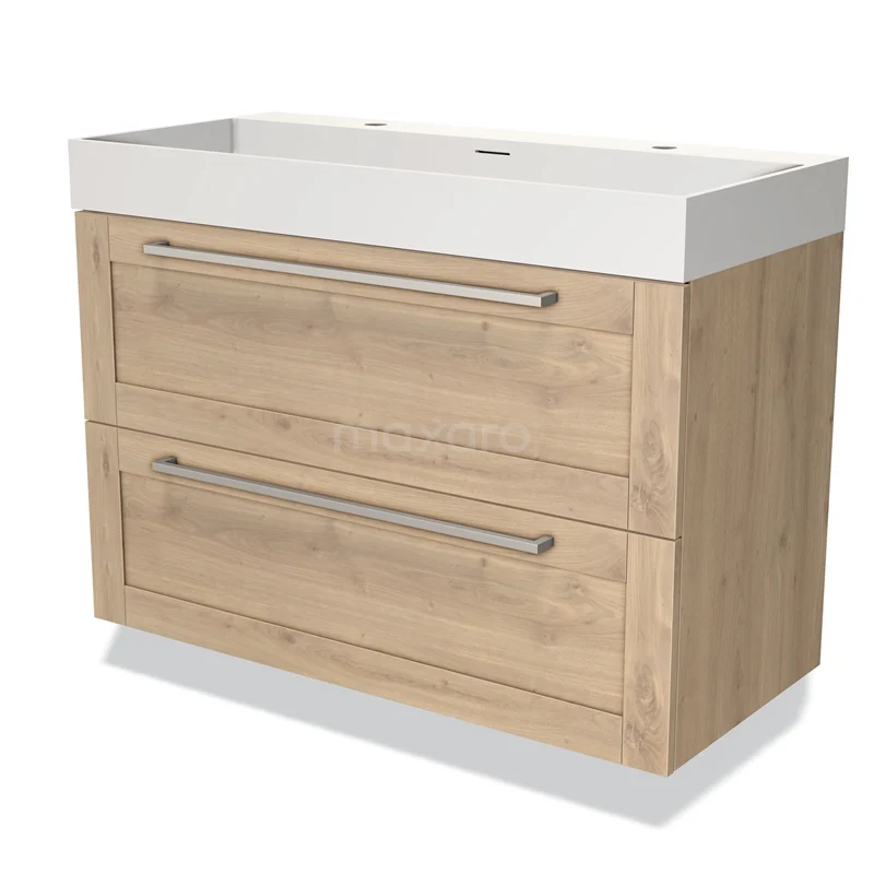 Badkamermeubel eikenhout-look, wit keramische wastafel, 2 lades met metalen grepen, modern design voor stijlvolle badkamers.