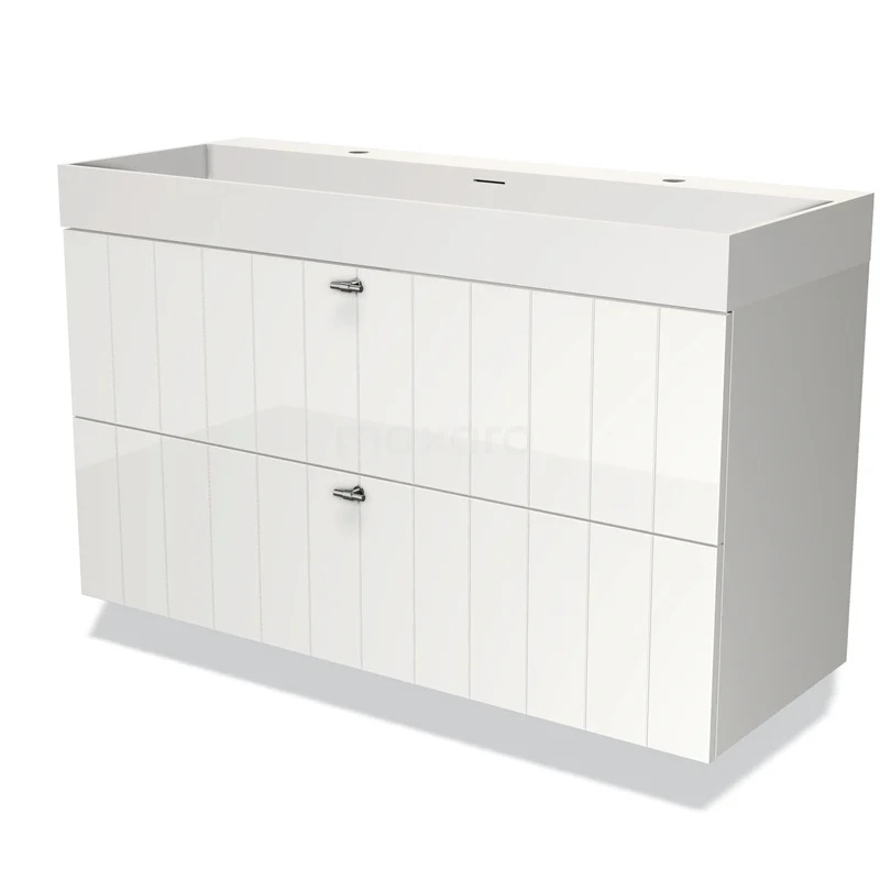 Badmöbel 120cm Modulo Hochglanz Weiß 2 Schubladen Lamellenwaschbecken Solid Surface BMW17-03443 Weiße, moderne Badmöbelset mit zwei grifflosen Schubladen und glänzender Oberfläche, perfekt für stilvolle Badezimmerlagerung.