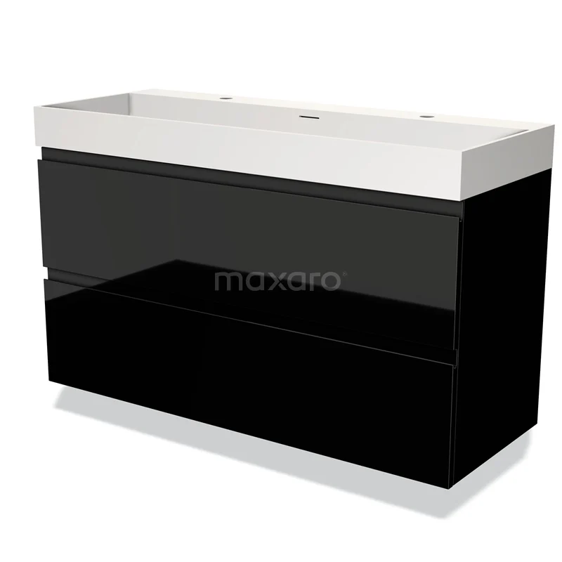 Badmöbel 120cm Modulo Hochglanz Schwarz 2 Schubladen Griffloses Waschbecken Solid Surface BMW17-03453 Schwarzes Hochglanz-Badmöbel mit weißem Waschbecken, schlankem Design und doppelter Schublade für stilvolle und praktische Badezimmerlagerung.