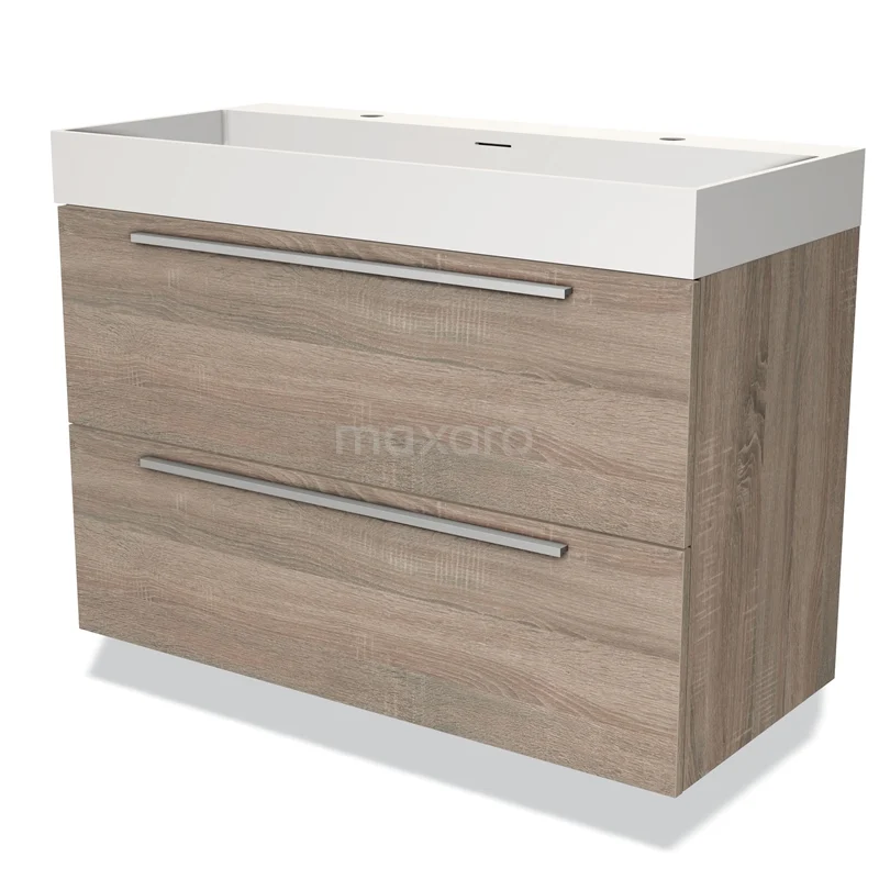 Badmöbel 120cm Modulo Eiche 2 Schubladen Flaches Waschbecken Solid Surface BMW17-03454 Holz-Badmöbel mit Waschbecken, zwei Schubladen und metallischen Haltegriffen, modernes Design, hellbraune Eiche-Optik.