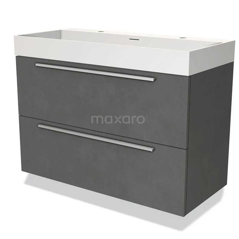 Badmöbel 120cm Modulo Dunkelgrau Beton 2 Schubladen Flaches Waschbecken Solid Surface BMW17-03467 Graue Badmöbelset mit zwei Schubladen, schnittiges Design, matte Oberfläche und weißem keramischen Waschbecken, ideal für moderne Bäder.