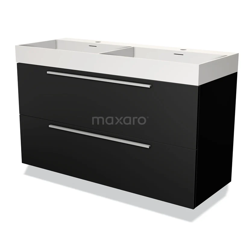 Badmöbel 120cm Modulo Matt Schwarz 2 Schubladen Flaches Waschbecken Solid Surface BMW17-03468 Schwarzes Badmöbel mit Doppelwaschbecken, klarer Formgebung und chromfarbenen Haltegriffen, ideal für moderne Bäder.