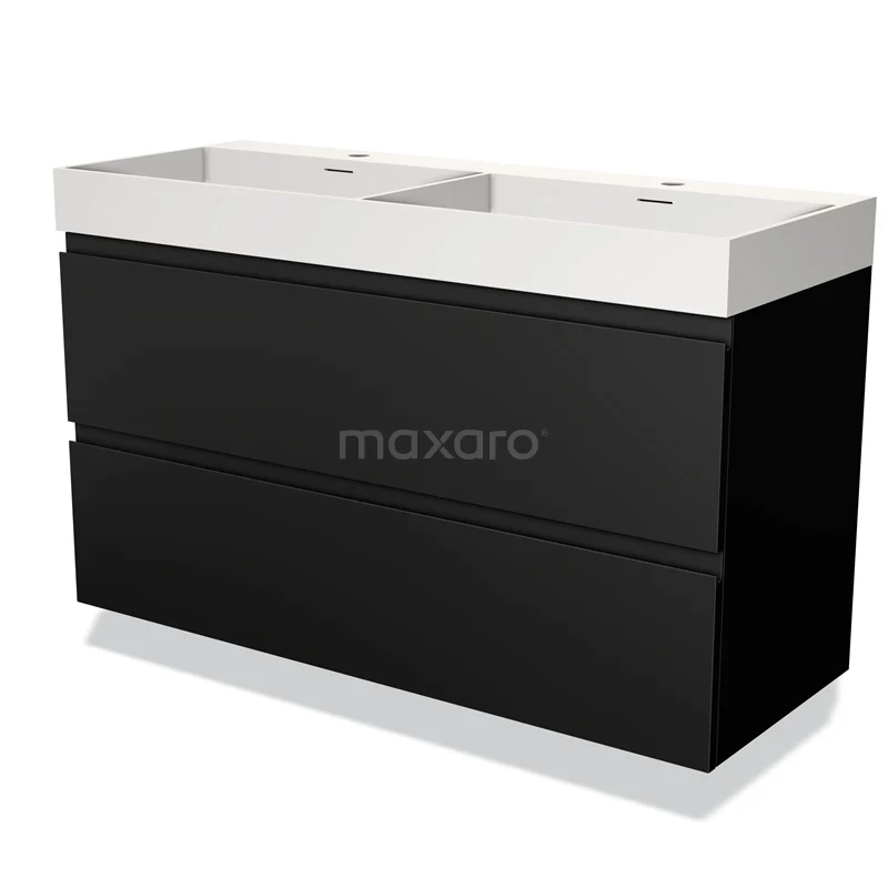 Badmöbel 120cm Modulo Matt Schwarz 2 Schubladen Griffloses Waschbecken Solid Surface BMW17-03470 Schwarze Badmöbelset mit Doppelwaschbecken, schlankem Design und Soft-Close Schubladen, ideal für einen modernen Badezimmerstil.