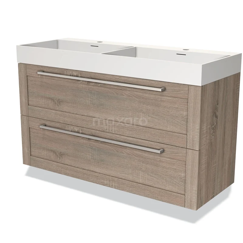 Houten badkamermeubel met dubbele wastafel, moderne ladegrepen en strak design, ideaal voor een stijlvolle badkamer inrichting.