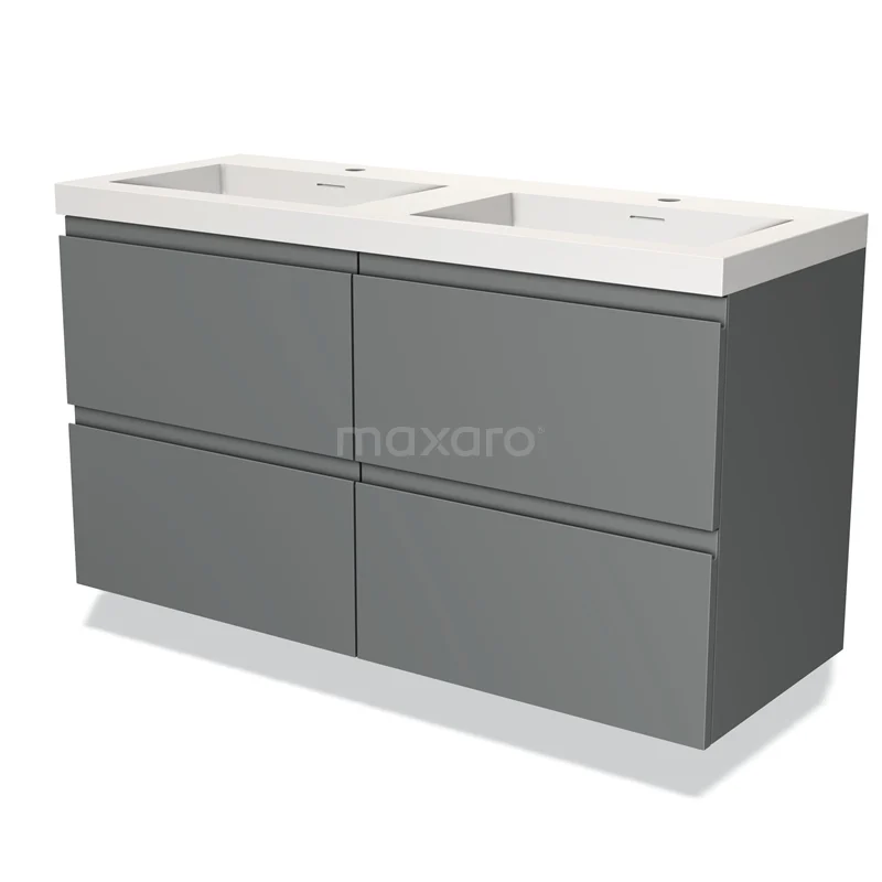 Grijze badkamermeubelset met dubbele witte wastafel, strakke lades, modern design en duurzaam materiaal.