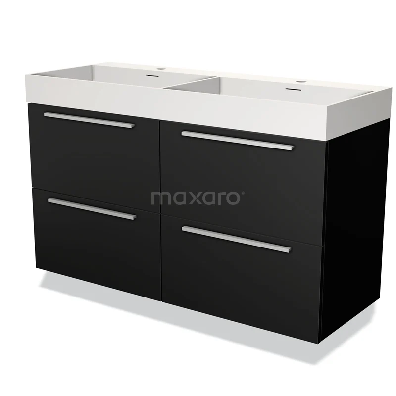 Dubbel zwarte badkamermeubel met witte wastafel, modern ontwerp, vier lades en strakke metalen grepen.