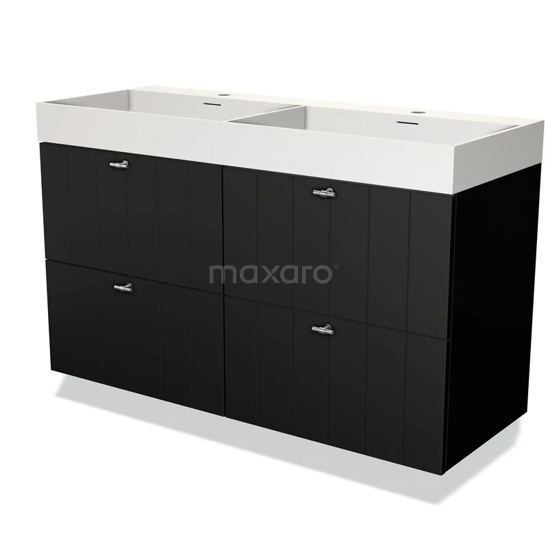 Zwart badkamermeubel met dubbele wastafel, modern design en ruime opbergladen, ideaal voor een stijlvolle badkamerinrichting.