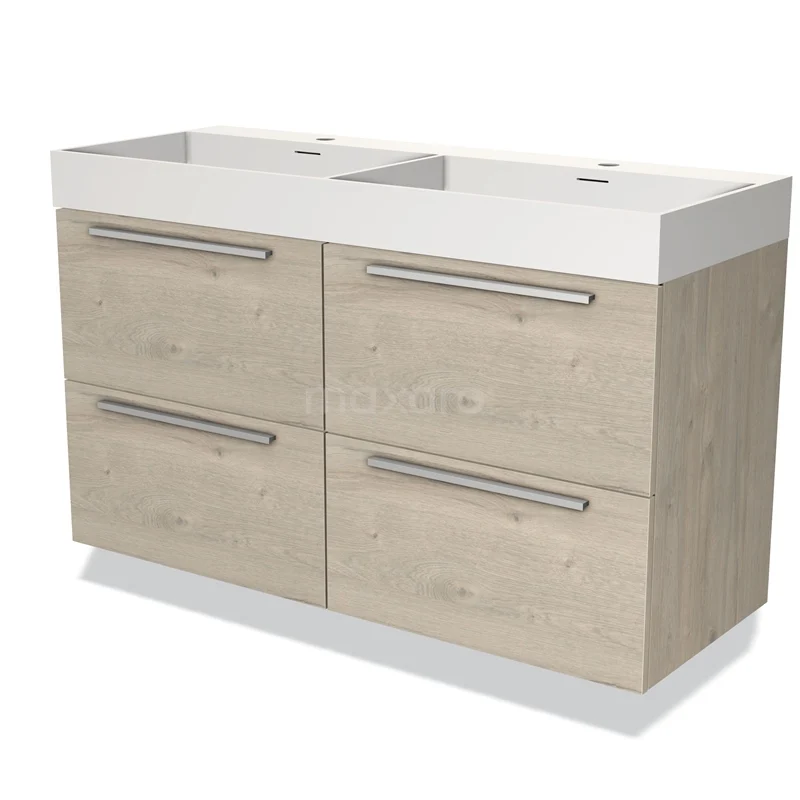 Houten badkamermeubel met dubbele wastafel, vier lades en metalen grepen, perfect voor moderne badkameropslag.