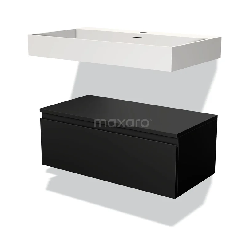 Zwarte houten badkamermeubel met greeploze lade en wit keramisch wastafelblad, modern design.