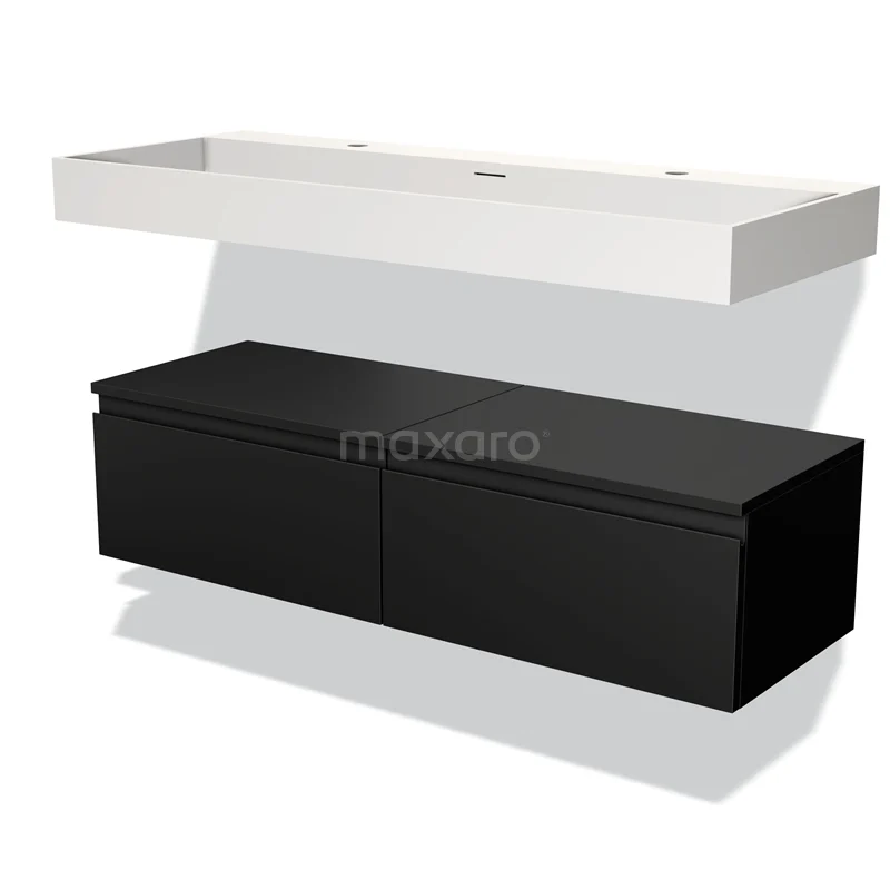Zwart hangend badkamermeubel met 2 lades en een witte keramische wastafel, strak design voor moderne badkamerinrichting.