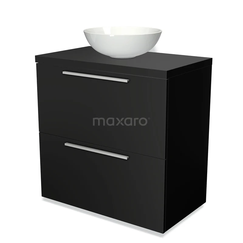 Black bathroom unit with two drawers, sleek design and white ceramic bowl, ideal for modern bathrooms.