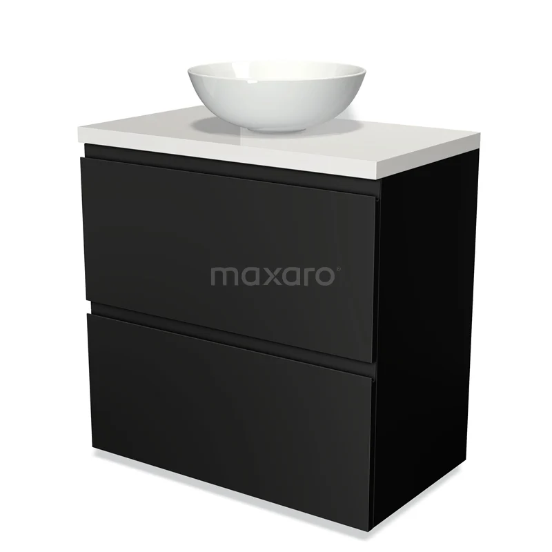 Modulo Plato Vanity units for countertop basin | 80 cm Matte black Handle-less front High-gloss white worktop 2 stacked drawers under each other BMK13-00031