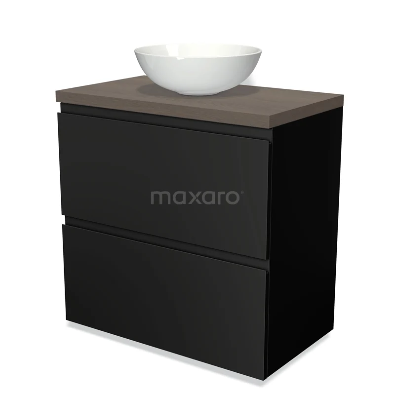 Black bathroom furniture set with wood-look worktop, white round countertop wash basin and two drawers, ideal for modern bathroom design.