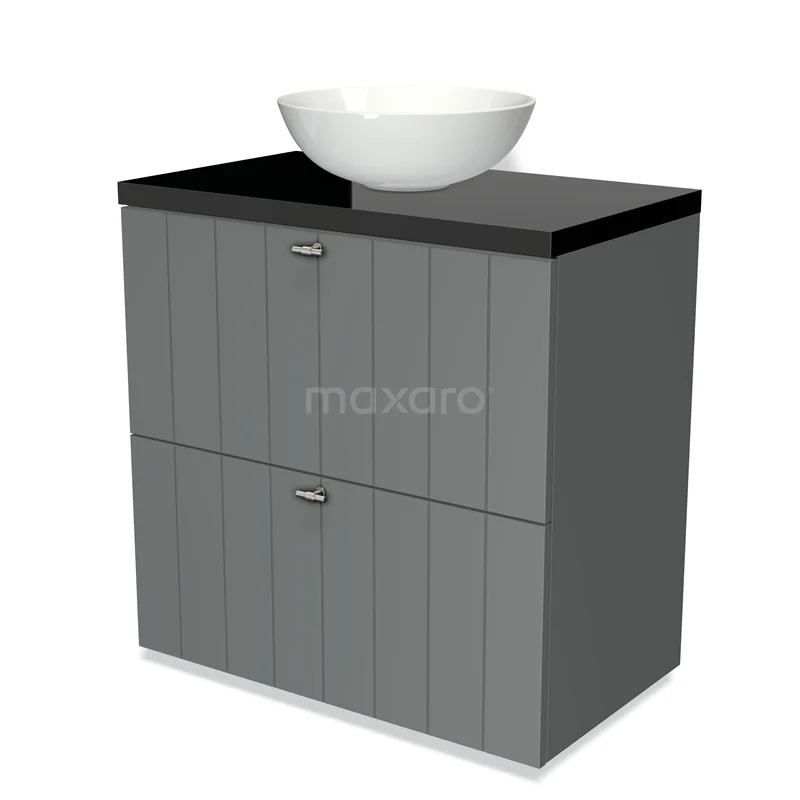 Grey bathroom cabinet with black worktop, built-in basin and modern details; ideal for stylish bathroom storage.