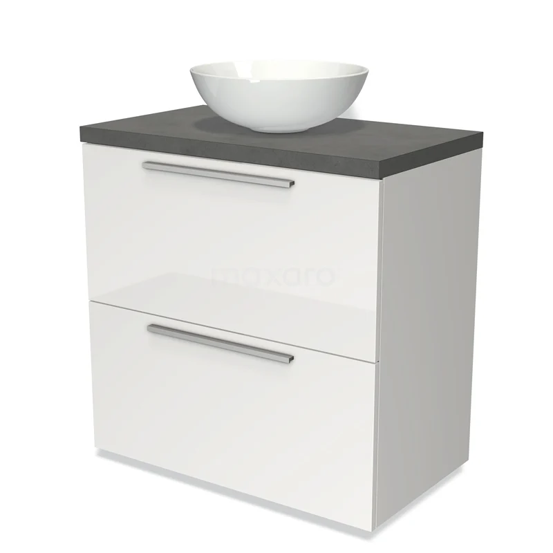 Modulo Plato Vanity units for countertop basin | 80 cm High-gloss white Flat front Dark grey concrete worktop 2 stacked drawers under each other BMK13-00098