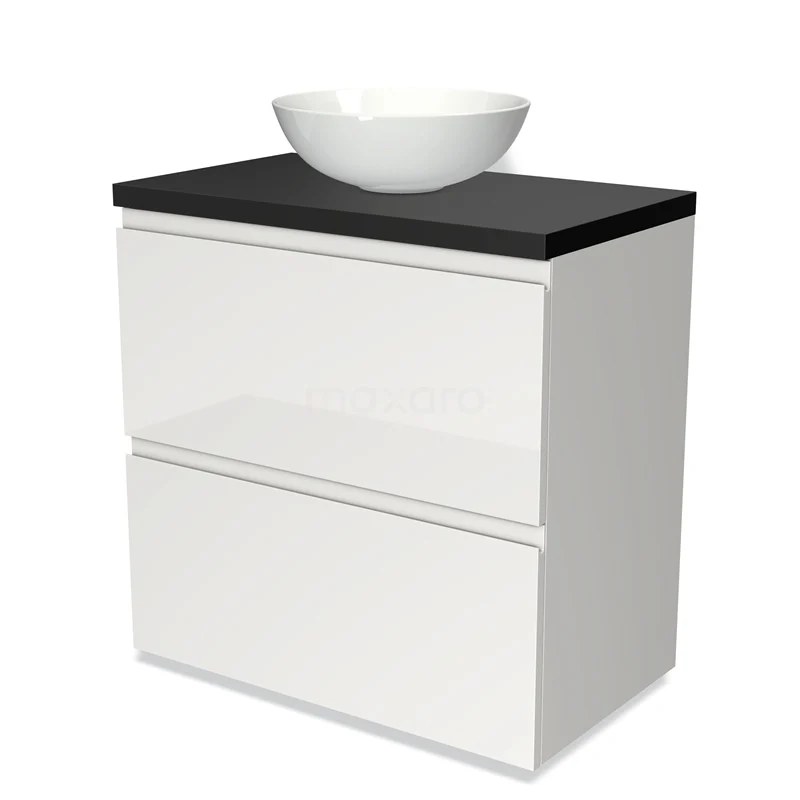 Modulo Plato Vanity units for countertop basin | 80 cm High-gloss white Handle-less front Matte black worktop 2 stacked drawers under each other BMK13-00113
