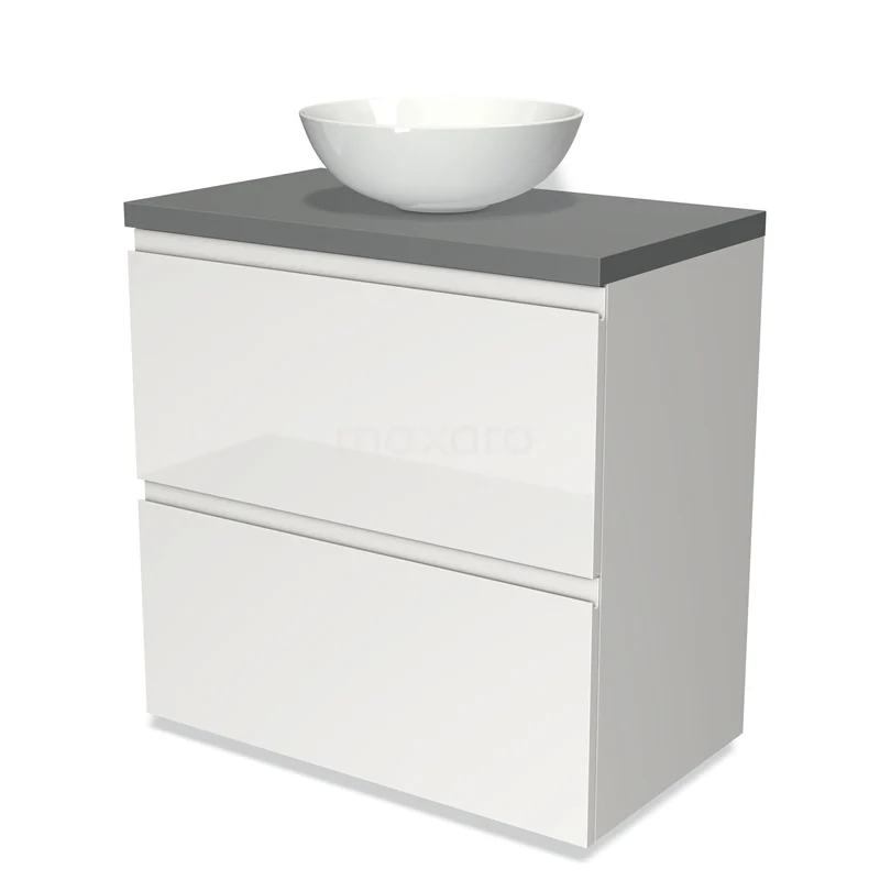 Modulo Plato Vanity units for countertop basin | 80 cm High-gloss white Handle-less front Mid grey worktop 2 stacked drawers under each other BMK13-00114