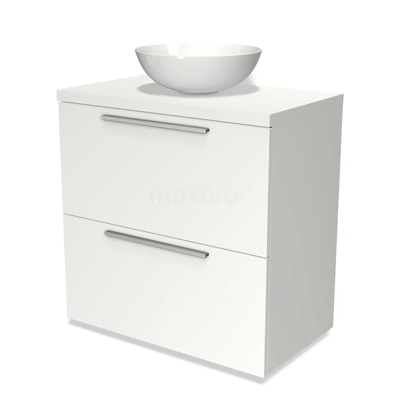 Badmöbel für Waschtischunterschrank mit Konsole 80cm Modulo Plato Matt Weiß 2 hohe Schubladen Flach BMK13-00130 Weißes Badezimmermöbel mit zwei Schubladen, rostfreien Haltegriffen und Aufsatz Waschbecken, modernes Design.